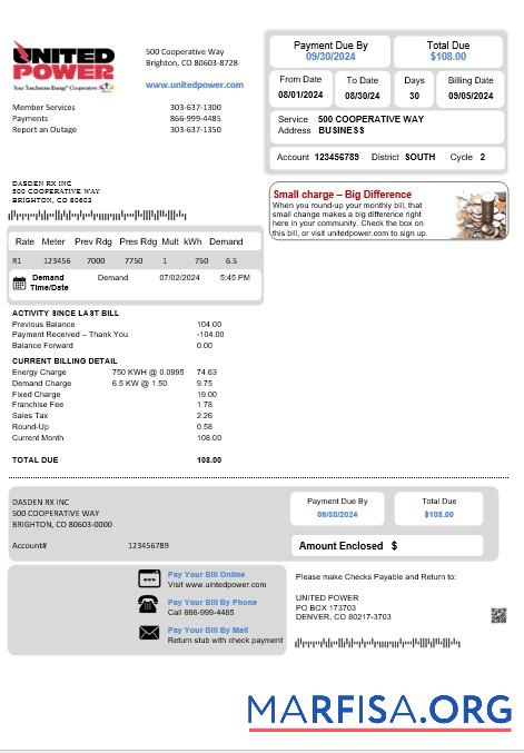 Blank USA Colorado United Power business utility bill template in Word and PDF formats
